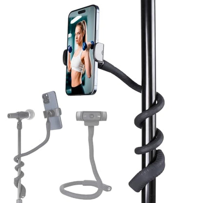 Portable Flexible Phone Holder with Handle for Treadmill, Spin Bike, Stroller, Tripod, Shopping Cart, Desk, Logitech Webcam, 23.6" / 60cm Long Arm Gooseneck Phone Mount for 4.7”- 7" Cell Phones
