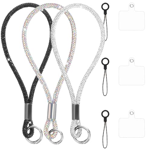 3 Pcs Bling Rhinestone Phone Wrist Strap Full Diamond Pendant Wrist Strap Bling Keychain Wristlet Lanyard for Women Phone Charms Case Straps with Tether Tab and Pad (Silver, Black, AB Color 7.48 In)