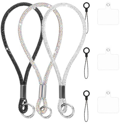 3 Pcs Bling Rhinestone Phone Wrist Strap Full Diamond Pendant Wrist Strap Bling Keychain Wristlet Lanyard for Women Phone Charms Case Straps with Tether Tab and Pad (Silver, Black, AB Color 7.48 In)