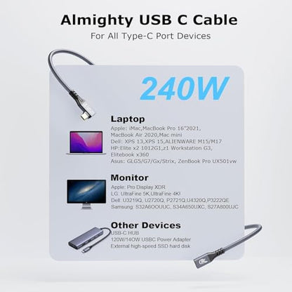 Long USB C 3.2 Cable Gen-2 240W Charging Extension 5m 16.5ft - size: 5 m, style: usb 3.2 Elbow