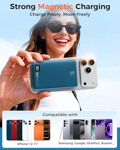 PD 35W Magnetic Power Bank 10000mAh, Fast Charging Portable Charger, Cyan | with Smart Digital Display, Slim Wireless Battery Pack for iPhone 17/16/15/14/13/12, Samsung & Android, Charge 4 Devices - color: Cyan