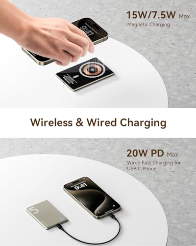 Kuulaa Magnetic Power Bank 5000mAh 0.28'' Ultra Slim Portable Charger Magsafe Battery Pack for iPhone 17/16 Pro Max/15/14/13/12 Mini, Titanium