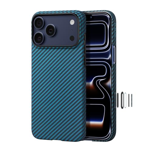 pitaka for iPhone 17 Pro Case 6.3" with Camera Control Button, Compatible with MagSafe, Ultra-Slim Case with Caseless Touch Feeling, 1500D Aramid Fiber Woven, Black/Blue(Twill) - color: Black/Blue (Twill)