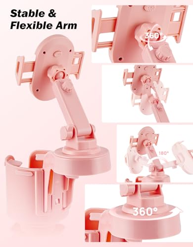 JOYTUTUS Cup Holder Phone Mount for Car, Car Cellphone Large Adapter Long Arm with 360 Degree Rotation, Compatible with iPhone, Samsung & All Smartphones,Pink,1 Pack - color: pink