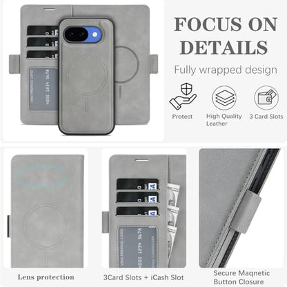 for Google Pixel 10a Wallet Case Compatible with Magsafe, 2 in 1 Leather Flip 3 Card Holder Magnetic Detachable Cover Q1 (Gray, Google Pixel 10a) - color: Gray, size: Google Pixel 10a
