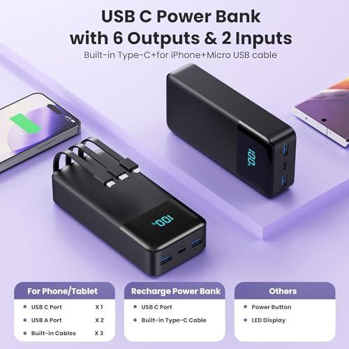 Portable Charger Power Bank 50800mAh,25W USB C Fast Charging Battery Pack with 3 Built in Cables & LED Display,6 Outputs 2 Inputs Travel Essentials Phone Charger for iPhone 18/17/16/15,Galaxy,Android - color: Black
