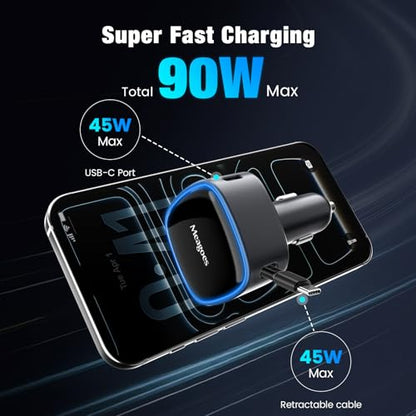 90W Retractable Car Charger USB C Super Fast for iPhone 18 Pro Max/Duo/17