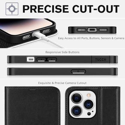 TUCCH Wallet Case for iPhone 14 Pro (6.1"), 4 Card Holders, Black & White | RFID Blocking, Viewing Stand, Shockproof TPU Shell, PU Leather, Magnetic Closure, Protective Folio Flip Cover - color: Black & White