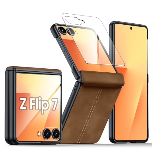 for Samsung Galaxy Z Flip 7 Case with Hinge Protection & Built-in Screen Protector, Ultra Thin Stylish Leather Matte PC Durable Shockproof Cover Phone Case for Galaxy Z Flip 7-Brown - color: Brown, size: Z Flip 7