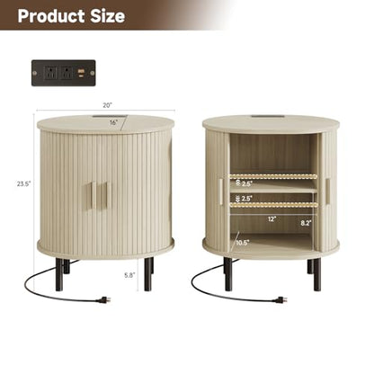 Oval End Table with Charging Station & Door (1, Natural White) - color: Natural White
