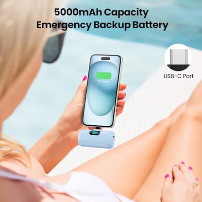 Mini Portable Charger USB C Power Bank,Upgraded 5000mAh PD Fast Charging Battery Pack Built-in USB-C Connector Travel Essential for iPhone17/17Pro/17Pro Max/Air/16 Plus/16Pro Max/15 Series,Android etc - color: Light Blue