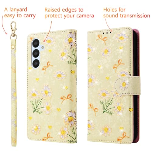 UEEBAI Wallet Case for Samsung Galaxy S23 5G, PU Leather Phone Case Kickstand RFID Blocking Flip Case with Card Slots Wrist Strap Relief Engraved Pattern Magnetic Closure Folio Case - Yellow Daisy - color: Yellow Daisy, size: Samsung Galaxy S23 5G