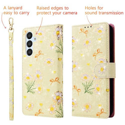 UEEBAI Wallet Case for Samsung Galaxy S23 5G, PU Leather Phone Case Kickstand RFID Blocking Flip Case with Card Slots Wrist Strap Relief Engraved Pattern Magnetic Closure Folio Case - Yellow Daisy - color: Yellow Daisy, size: Samsung Galaxy S23 5G