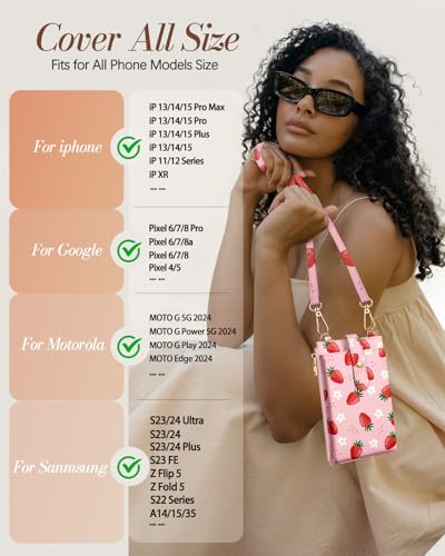 Miss Adola RFID Cell Phone Purse Crossbody Bag for Women | RFID Blocking, Card Slots, Dual Straps, Leather Phone Wallet, Magnetic Buckle, Smooth Zipper, Crossbody Purse for Daily Use - color: Flower Strawberry