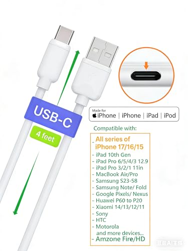 7-Pack Assorted 4FT Individual USB and USB-C Cables, Compatible/w iPhone17,16,15, iPhone14-5/ iPad/MacBook/Samsung Moblie/Tablet/Pixel/Nexus/HTC/Hub/Charging Station etc. (White) - color: White