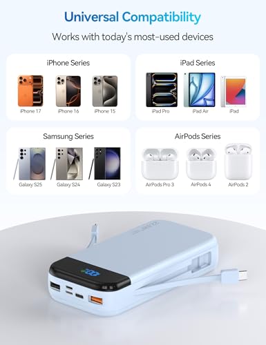 Phone Battery Bank 32000mAh 22.5W w/Built-in Cables & USB C Fast Charging - color: Blue