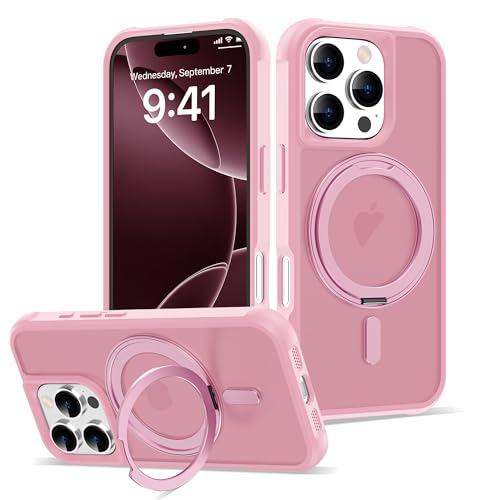 for iPhone 16 Pro Case with 360° Rotatable Magnetic Ring Stand [Compatible Mag-Safe] [Military Grade Protection] Translucent Matte Phone Cases for Women Men 6.3'', Pink - color: Pink, size: Iphone 16 PRO