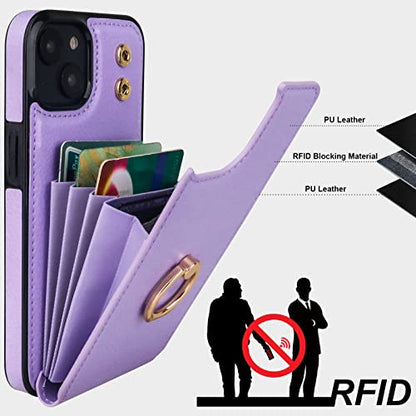 Folosu Compatible with iPhone 14 Plus Case Wallet with Card Holder, 360°Rotation Finger Ring Holder Kickstand, RFID Blocking Leather Protective Double Buttons Shockproof Cover 6.7 Inch Purple - color: Purple, size: iPhone 14 Plus