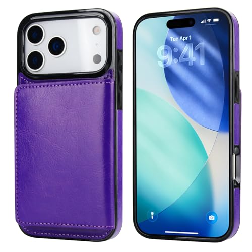 KIHUWEY Compatible with iPhone 17 Pro Max Wallet Case Credit Card Holder, Premium Leather Kickstand Flip Hidden Magnetic Clasp Durable Shockproof Protective Cover for 6.9 inch (Purple) - color: Purple