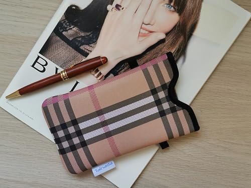 Tainada Neoprene Phone Pouch w/Crossbody, Neck Lanyard (Camel Brown Plaid) | For Men/Women; lightweight neoprene pouch; Compatible with iPhone 17/16 Pro Max, 16e, 16/15 Plus; Samsung S26/S25, A57/A56 - color: Camel Brown Plaid