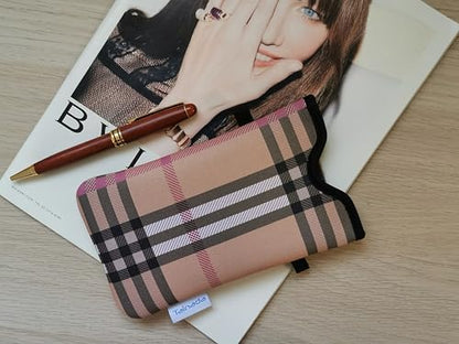 Tainada Neoprene Phone Pouch w/Crossbody, Neck Lanyard (Camel Brown Plaid) | For Men/Women; lightweight neoprene pouch; Compatible with iPhone 17/16 Pro Max, 16e, 16/15 Plus; Samsung S26/S25, A57/A56 - color: Camel Brown Plaid