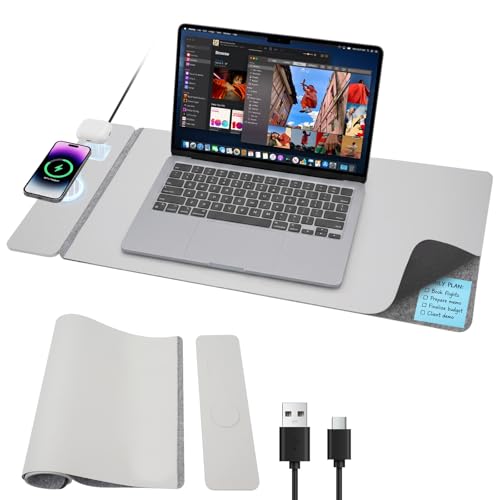 15W Wireless Charging Mouse Pad 31.5"x15.75", Double-Sided Faux Leather - color: NF-Gray