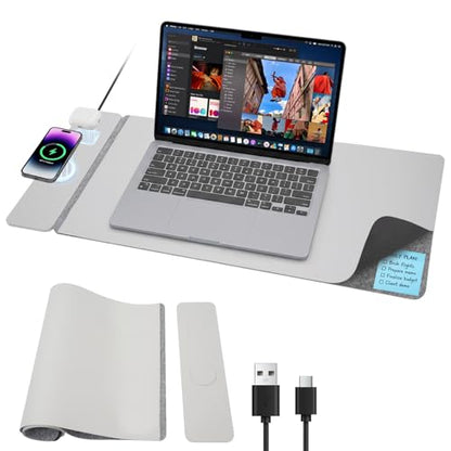 15W Wireless Charging Mouse Pad 31.5"x15.75", Double-Sided Faux Leather - color: NF-Gray