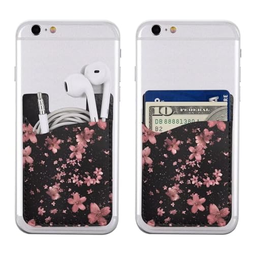 Phone Card Holder for Back Of Phone Pink Cherry Blossom Leather Phone Wallet Stick On Cute Floral Credit Card Holder for Phone Case Phone Wallet Adhesive Pouch - color: Cherry Blossom