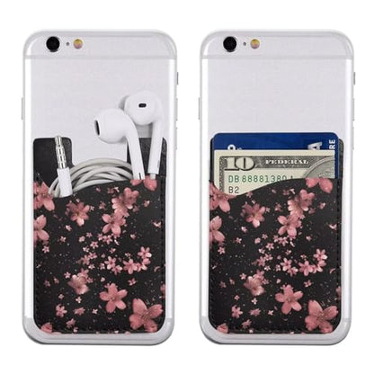 Phone Card Holder for Back Of Phone Pink Cherry Blossom Leather Phone Wallet Stick On Cute Floral Credit Card Holder for Phone Case Phone Wallet Adhesive Pouch - color: Cherry Blossom