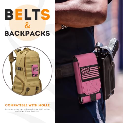 Tactical Molle Phone Cover Case, Heavy Duty Loop Belt Holster Pouch with Flag Patch for iPhone 17 Pro Max/Air/17 Pro/17/16 Pro Max/15 Pro Max/14 Pro Max/13 Pro Max (Hot Pink) - color: Hot Pink
