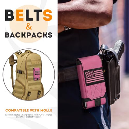 Tactical Molle Phone Cover Case, Heavy Duty Loop Belt Holster Pouch with Flag Patch for iPhone 17 Pro Max/Air/17 Pro/17/16 Pro Max/15 Pro Max/14 Pro Max/13 Pro Max (Hot Pink) - color: Hot Pink