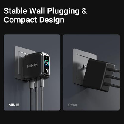 MINIX 100W 3-Port GaN USB C Fast Charger Block with Smart Display, Foldable