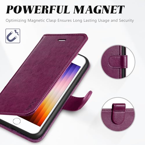 TUCCH Wallet Case for iPhone SE 2022/SE 2020/iPhone 8/7 (4.7"), Plum Purple | 3 Card Holders, Kickstand, PU Leather, Shockproof TPU Shell, Magnetic Closure, Protective Folio Cover - color: Plum Purple