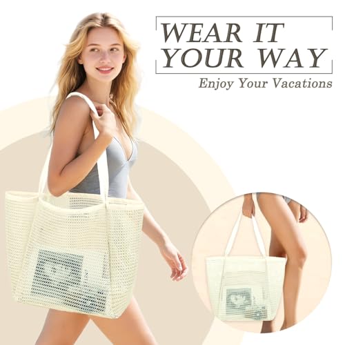 GYEUKHAM Mesh Beach Bag for Women, Sand-Resistant Pool Tote, 9 Pockets (1 Inner Zip), Foldable Family Travel Essentials - color: 2 Pockets-beige