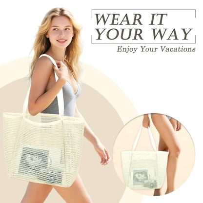GYEUKHAM Mesh Beach Bag for Women, Sand-Resistant Pool Tote, 9 Pockets (1 Inner Zip), Foldable Family Travel Essentials - color: 2 Pockets-beige