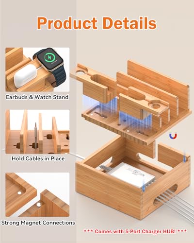 Pezin & Hulin Bamboo Phone Charging Station with 5-Port Charger & 5 Cables - color: Dock Rack+Cables+Charger