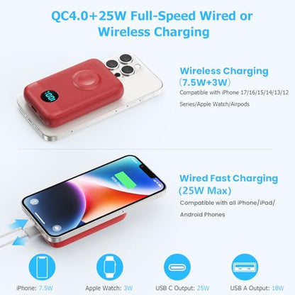 Pxwaxpy Magnetic Portable Charger 10800mAh,4-in-1 Power Bank with iWatch Charger, 25W PD Fast Charging USB C Battery Pack for Magsafe,iPhone 17/16/15/14/13/12 Series,Apple Watch (Red) - color: Red
