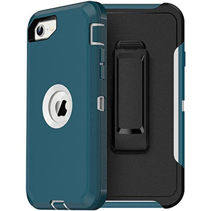 MXX Case Designed for iPhone SE Case 2020/2022 Heavy Duty Protective with Screen Protector [3 Layers] Rugged Rubber Protection Cover & Rotating 360 Degree Belt Clip SE 3rd/2nd Gen (Tuscan Teal/White) - color: Tuscan Teal/White