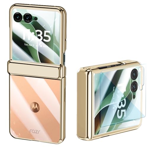 for Motorola Razr Ultra 2025/2026 Clear Case with Screen Protector & Hinge Protection, Transparent Electroplated Frame Slim Anti-Yellowing Shockproof Cover for Motorola Razr Ultra 2025/2026 (Gold) - color: Gold