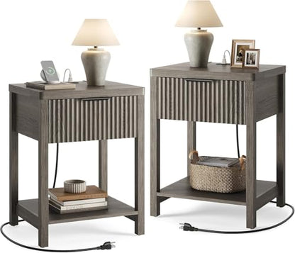 Night Stand Set 2, Fluted Wood Nightstands w/Charging Station for Bedroom - color: Dark Grey, size: 1 Drawer-Set of 2 Nightstand