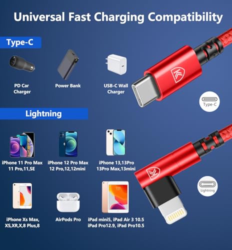 USB C to Lightning Cable 6FT, 90 Degree iPhone Charger Cables 3Pack-Red - color: Red, size: 6FT, style: USB C to Lightning