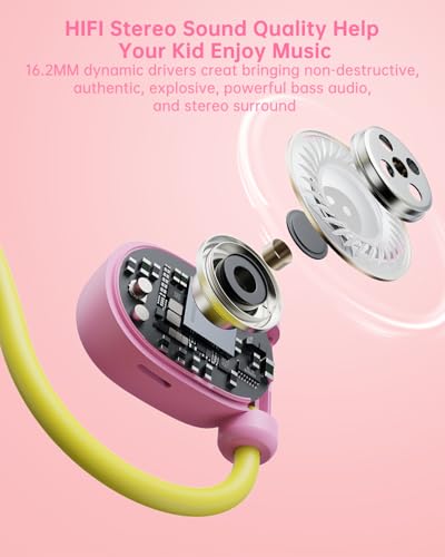 Mehomeli Kid Headphones, Air Conduction Open Ear Headphones, 3.5mm Jack - color: Yellow,Pink