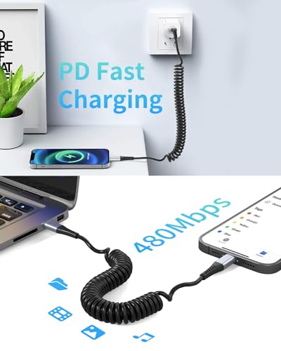 Coiled USB C to Lightning Cable for Car 2 Pack, 3FT Apple Carplay Cable, Short Retractable iPhone Charger Fast Charging Cord for iPhone 14 13 12 11 Pro Max Xs X Xr 8/Airpods - style: Coiled USB-C to Lightning