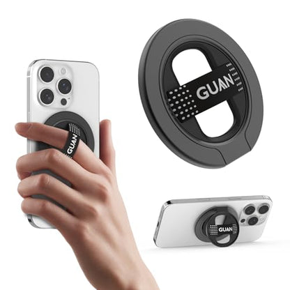 GUAN for MagSafe Phone Grip Magnetic Kickstand Compatible with Mag Safe Finger Loop Ultra Thin Finger Ring Holder, 3-in-1 Compatible for iPhone17/16/15/14/13/12 (Replacement Strap)-Black - color: Black