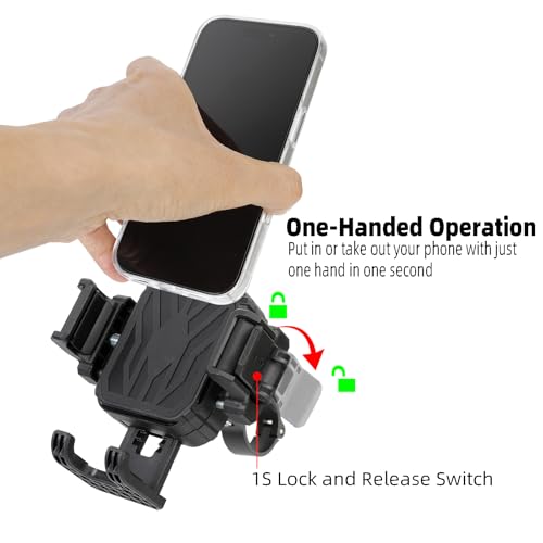 Motorcycle & Bike Phone Holder Mount with Vibration Dampener [Camera Friendly] [1-Second Lock & Release] [Aluminum Alloy Handlebar Clamp Base] for iPhone 17/16/15 Series, 4.7-7" Smartphones