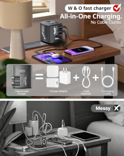 W & O 60W Gan Fast Charger Wall Plug, Built-in Retractable USB-C & L Cables - color: black+green