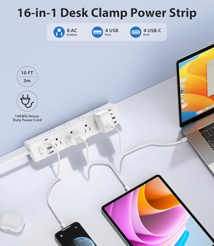 Jgstkcity Desk Clamp Power Strip 40W USB C,8-Outlet,8 USB,10FT,White - color: White, size: 10FT Length
