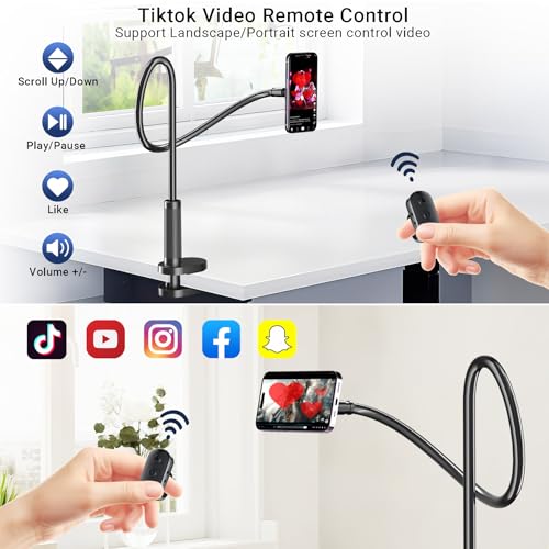 Magnetic Phone Holder for Bed Laying Down with Remote Page Turner, Bedside Gooseneck Phone Stand with Clicker for Reading, Flexible Mount with Wireless Scrolling Ring for iPhone/Tiktok/Short Video