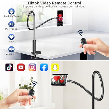 Magnetic Phone Holder for Bed Laying Down with Remote Page Turner, Bedside Gooseneck Phone Stand with Clicker for Reading, Flexible Mount with Wireless Scrolling Ring for iPhone/Tiktok/Short Video
