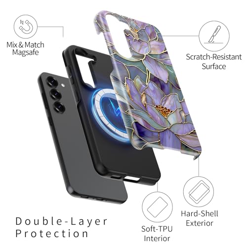 Esdot for Samsung Galaxy S23 Case - Wireless Charging Compatible – Dual-Layer Soft Silicone + Hard Shell - Wildflower Design - Protective Phone Cover for Women Girls - Abstract Lotus